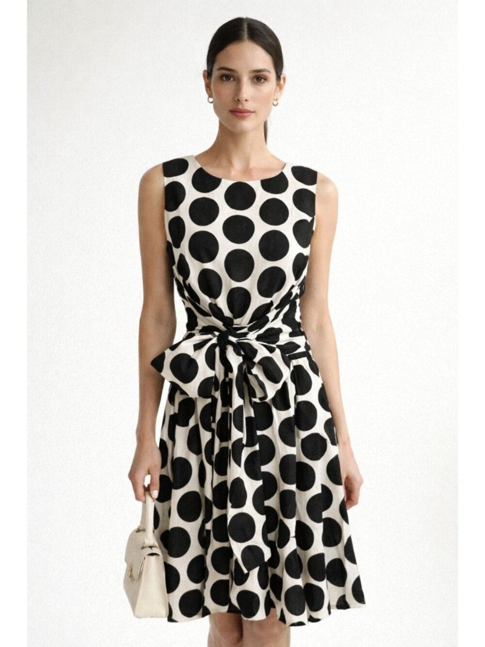 Talbots Polka Dot Sleeveless Midi Dress Bow Black White Retro Classic Women 16